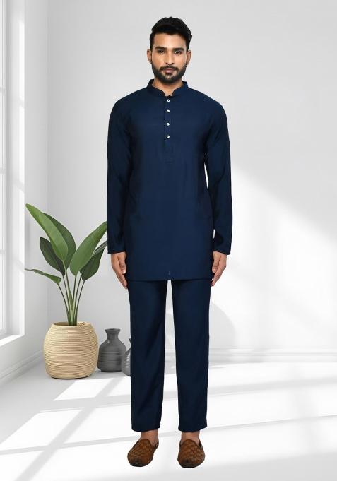 Navy Blue Solid Silk Blend Kurta Set For Men