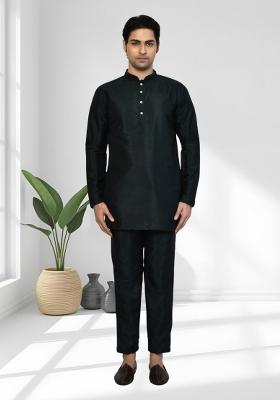 Black Solid Silk Kurta Set For Men