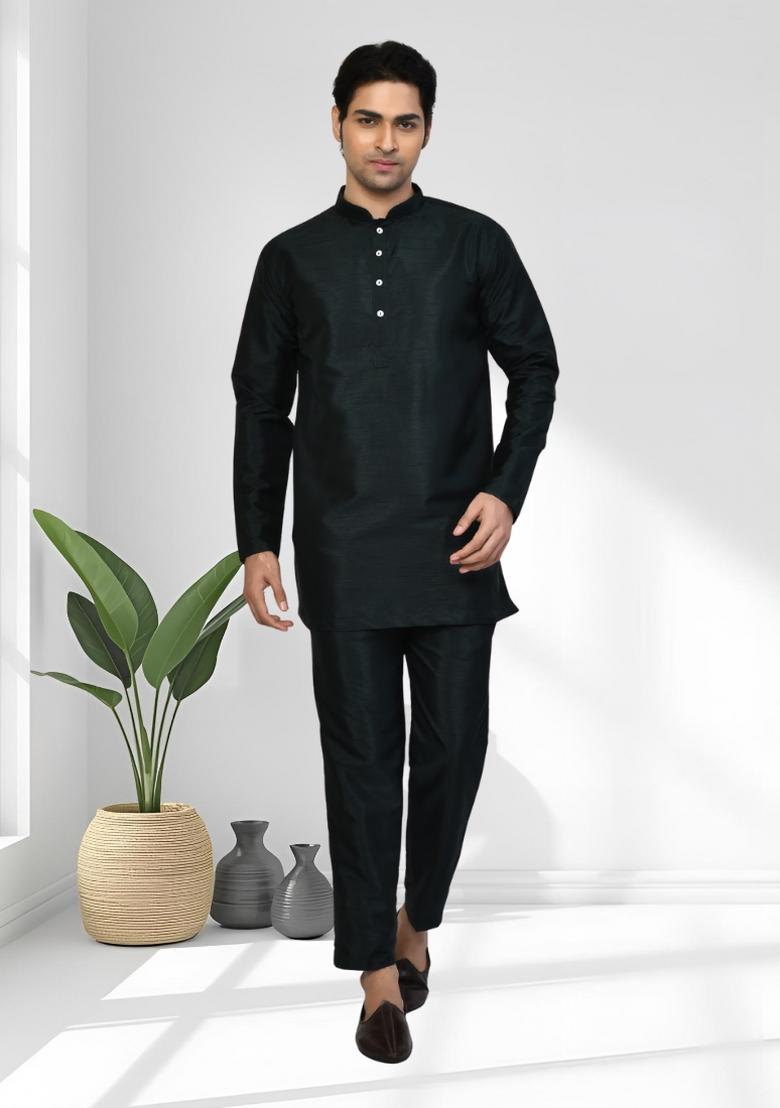 Black Solid Silk Kurta Set For Men - Indya