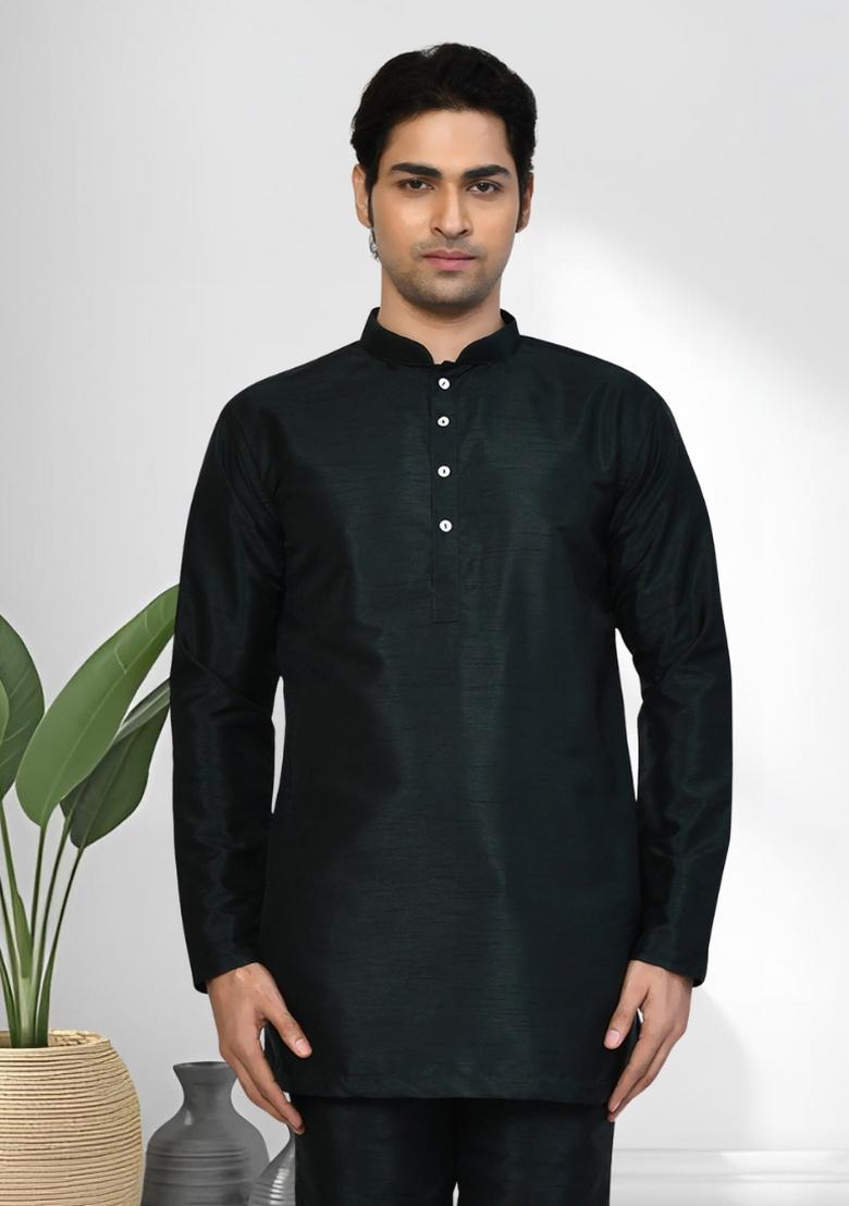 Black Solid Silk Kurta Set For Men - Indya