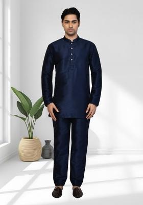 Navy Blue Solid Silk Kurta Set For Men