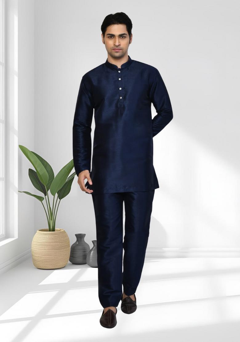 Navy Blue Solid Silk Kurta Set For Men - Indya