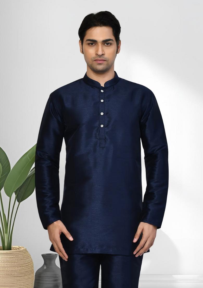 Navy Blue Solid Silk Kurta Set For Men - Indya