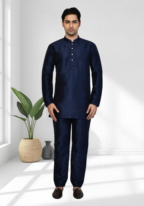 Navy Blue Solid Silk Blend Kurta Set For Men