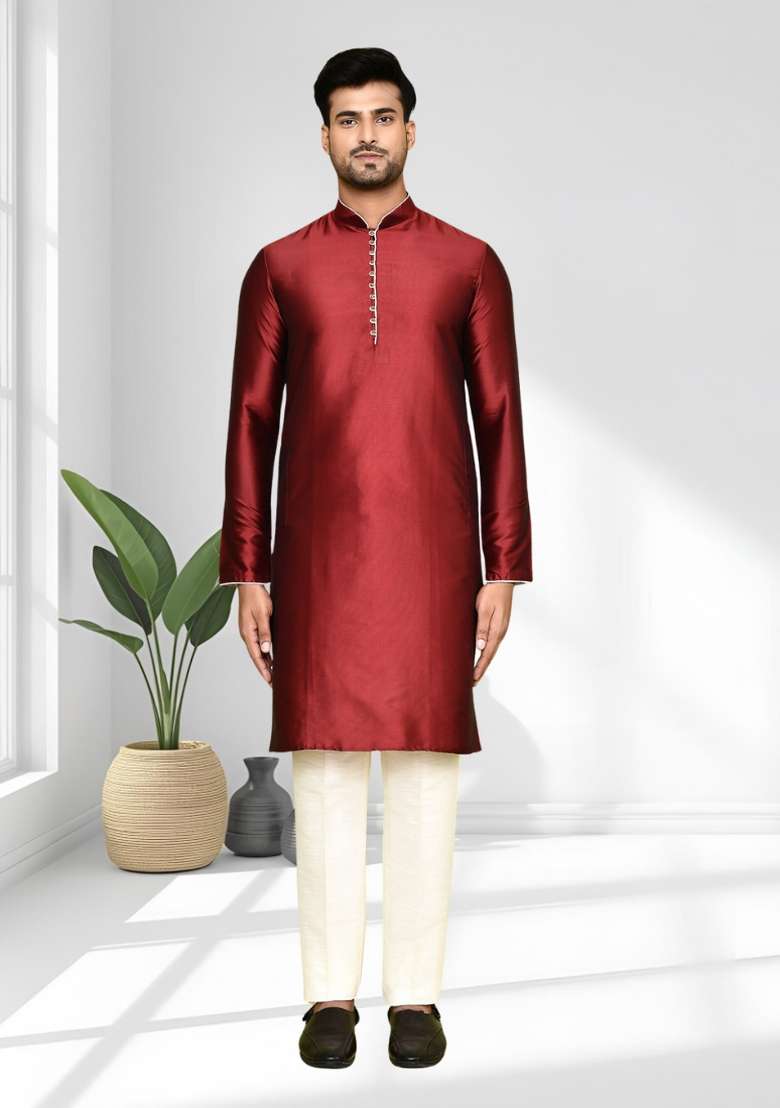 Maroon Solid Silk Blend Kurta Set For Men - Indya