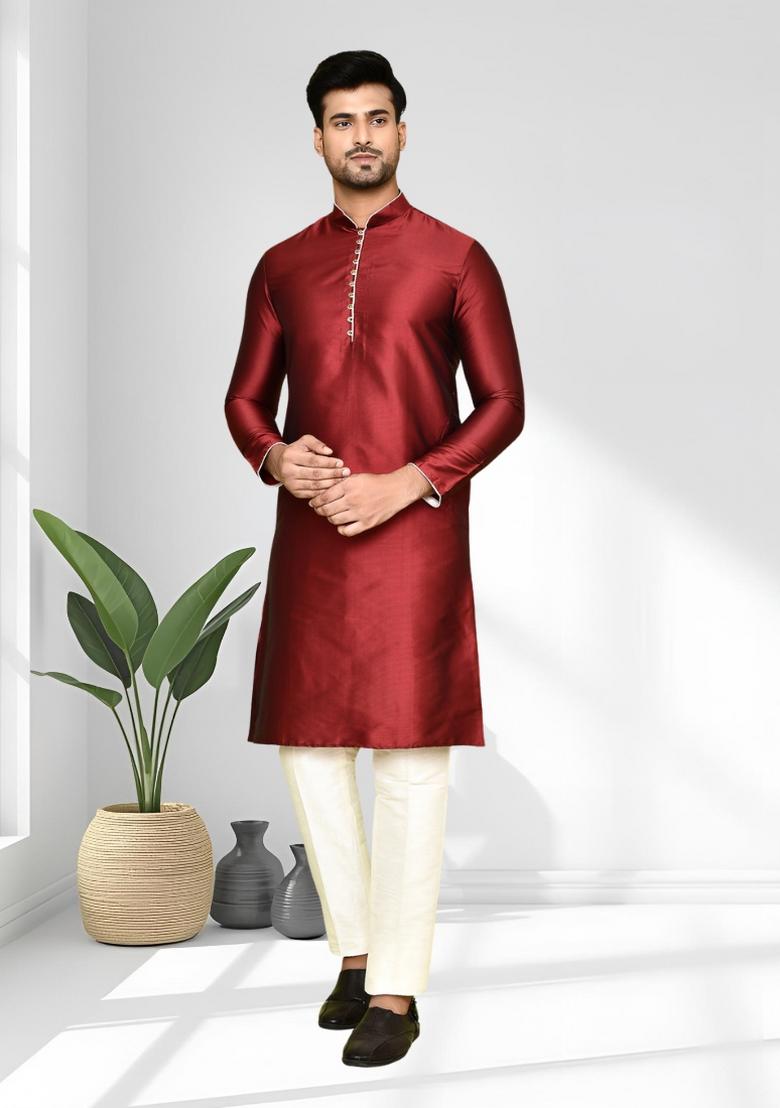 Maroon Solid Silk Kurta Set For Men - Indya