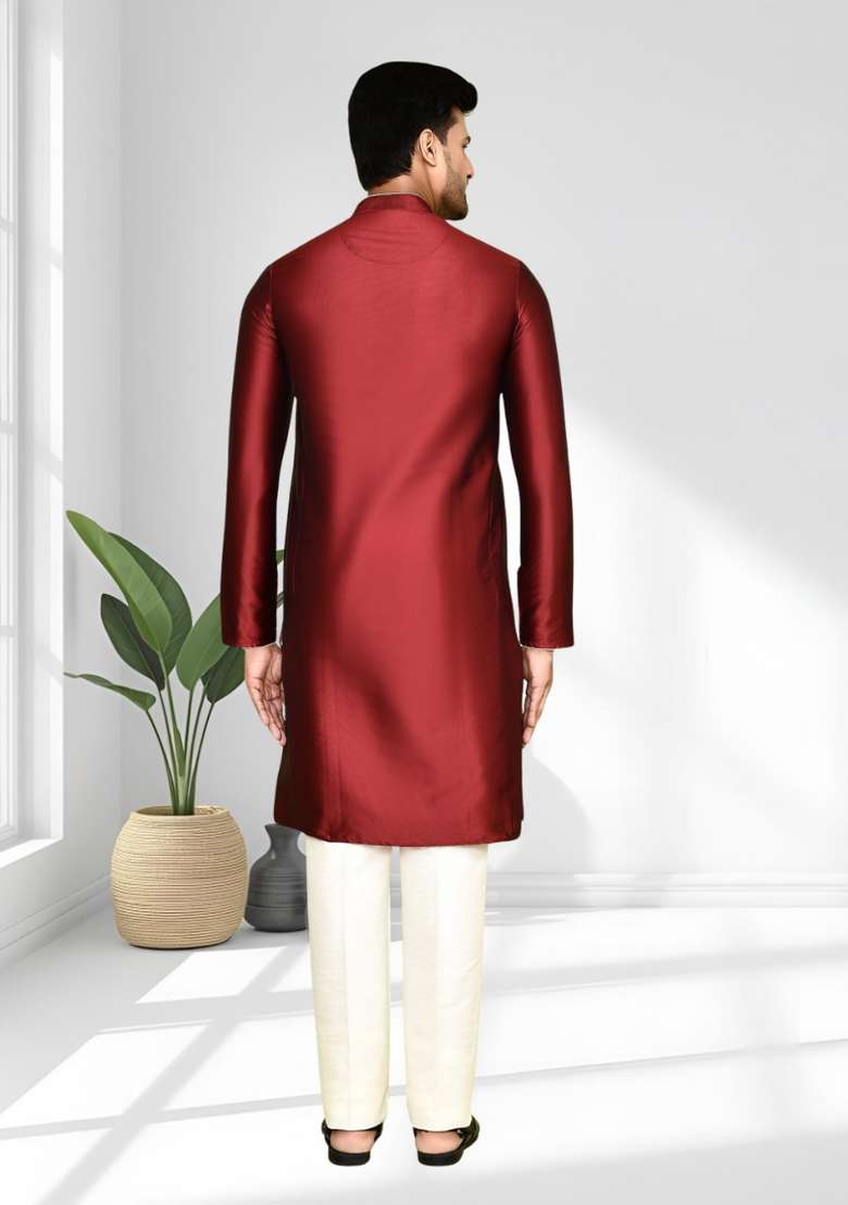 Maroon Solid Silk Blend Kurta Set For Men - Indya