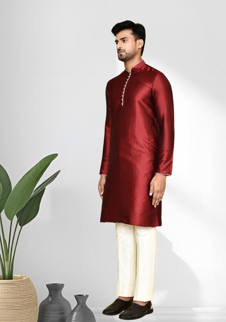 Maroon Solid Silk Kurta Set For Men - Indya