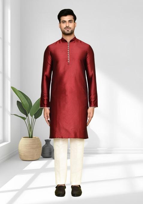 Maroon Solid Silk Kurta Set For Men