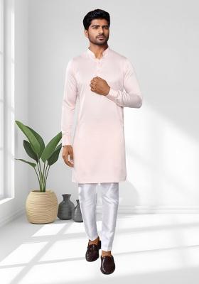 Off White Solid Silk Kurta Set For Men