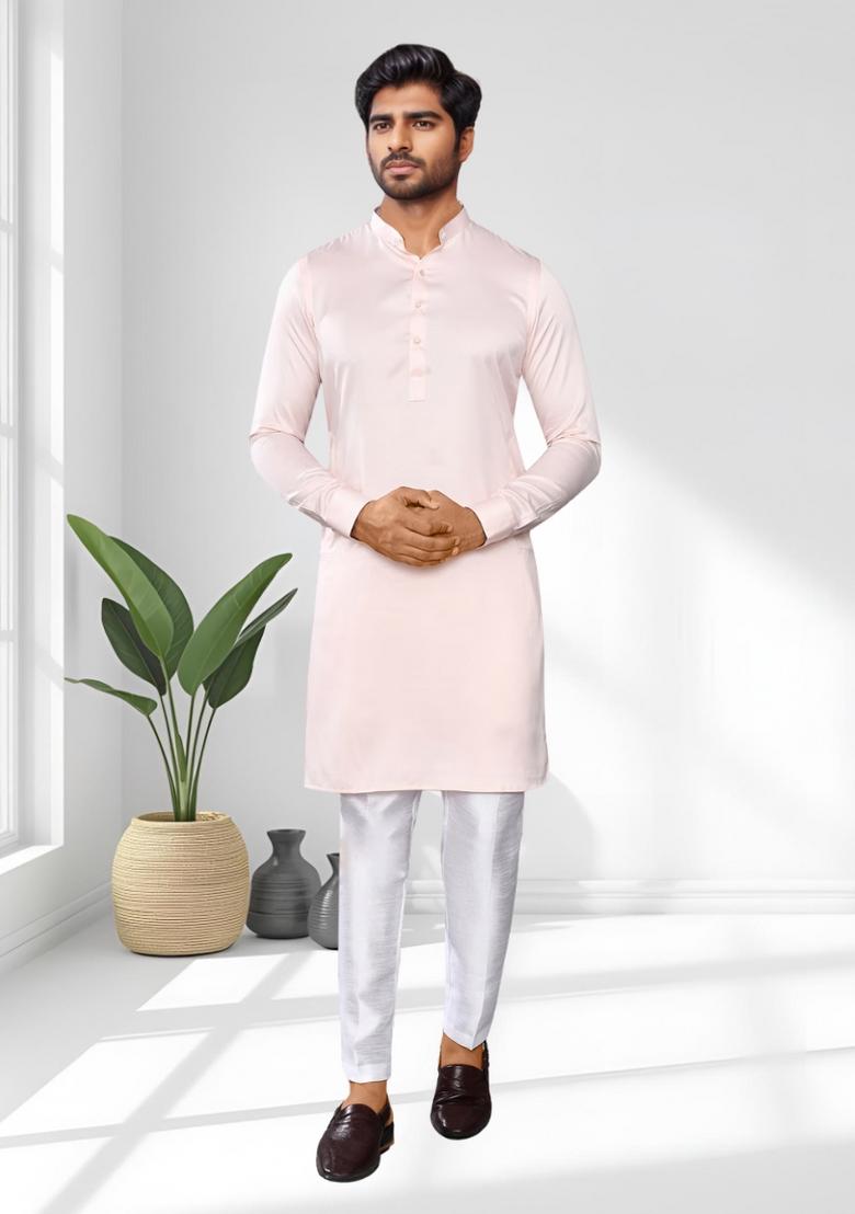Off White Solid Silk Kurta Set For Men - Indya