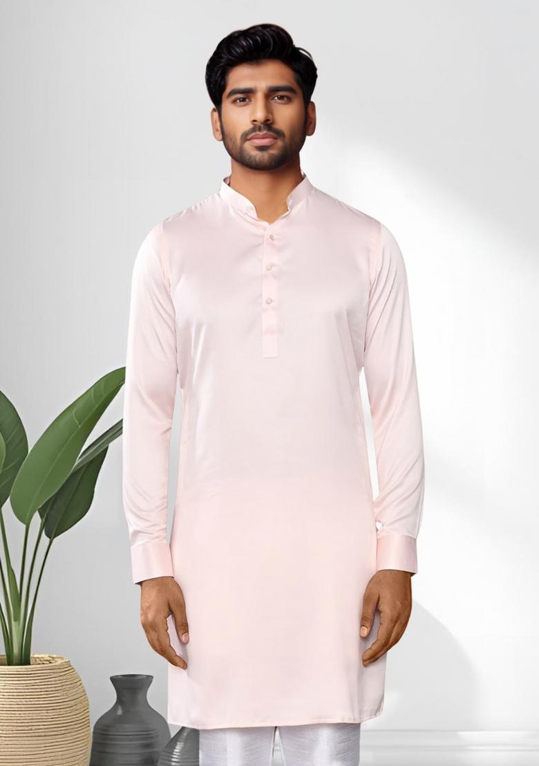 Off White Solid Silk Kurta Set For Men - Indya