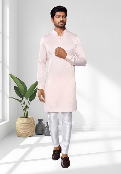 Off White Solid Silk Blend Kurta Set For Men
