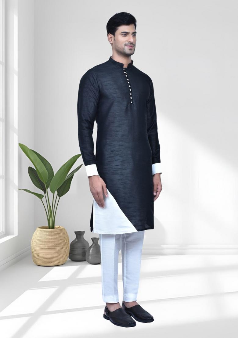 Black Solid Silk Kurta Set For Men - Indya