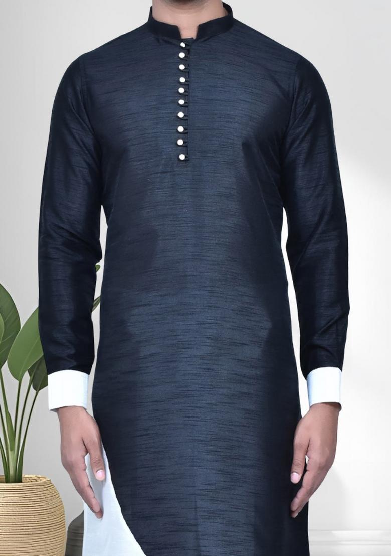 Black Solid Silk Kurta Set For Men - Indya