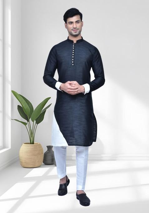 Black Solid Silk Kurta Set For Men