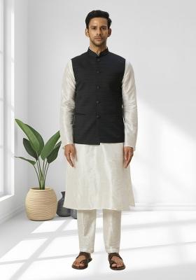 Black Solid Silk Kurta Set For Men