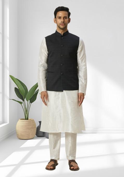Black Solid Silk Kurta Set For Men