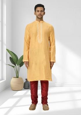 Yellow Solid Silk Kurta Set For Men