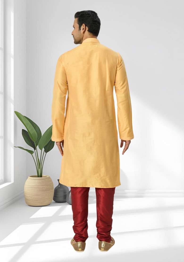 Yellow Solid Silk Blend Kurta Set For Men - Indya