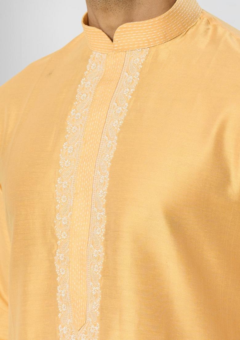 Yellow Solid Silk Kurta Set For Men - Indya