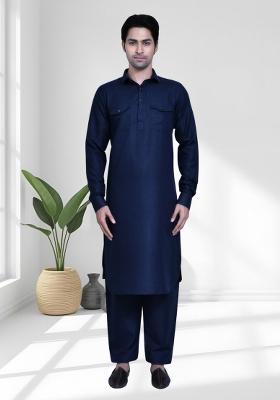 Navy Blue Solid Silk Kurta Set For Men