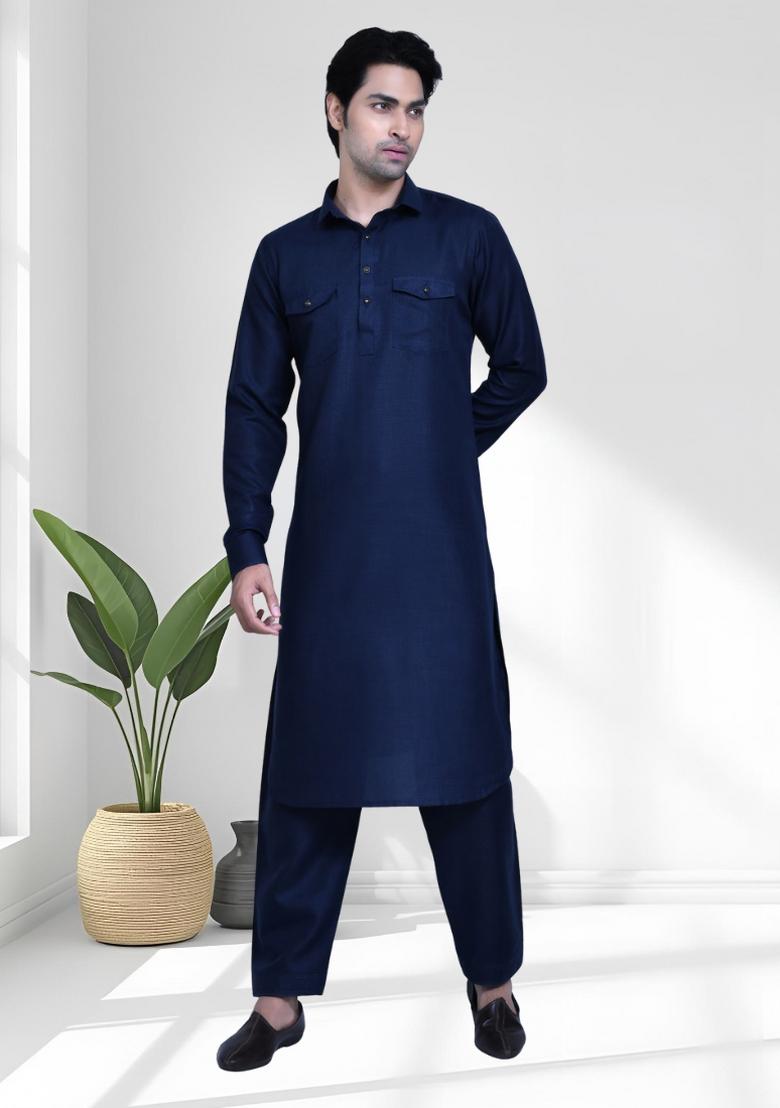 Navy Blue Solid Silk Kurta Set For Men - Indya