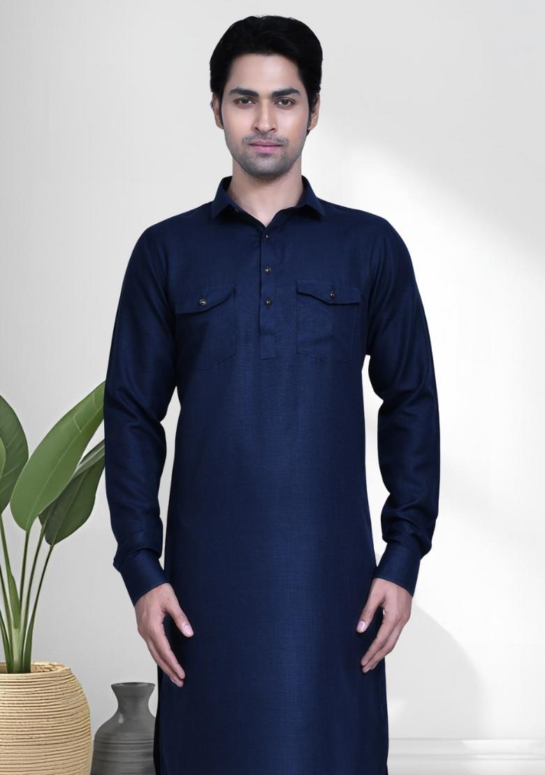 Navy Blue Solid Silk Kurta Set For Men - Indya