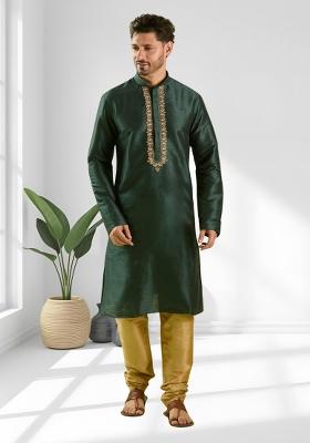 Green Solid Silk Kurta Set For Men
