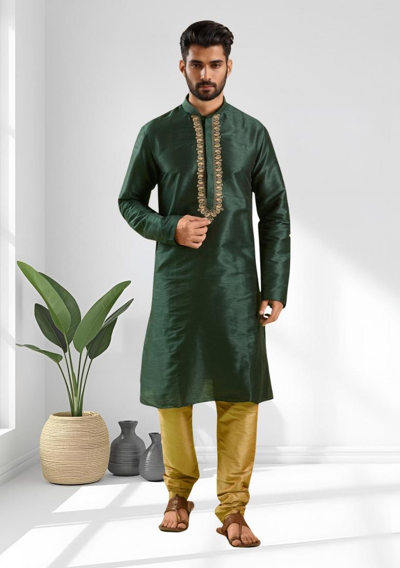 Green Solid Silk Kurta Set For Men - Indya