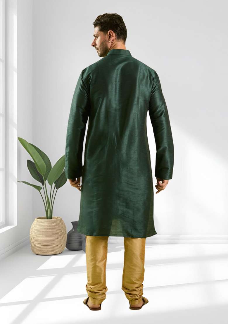 Green Solid Silk Blend Kurta Set For Men - Indya