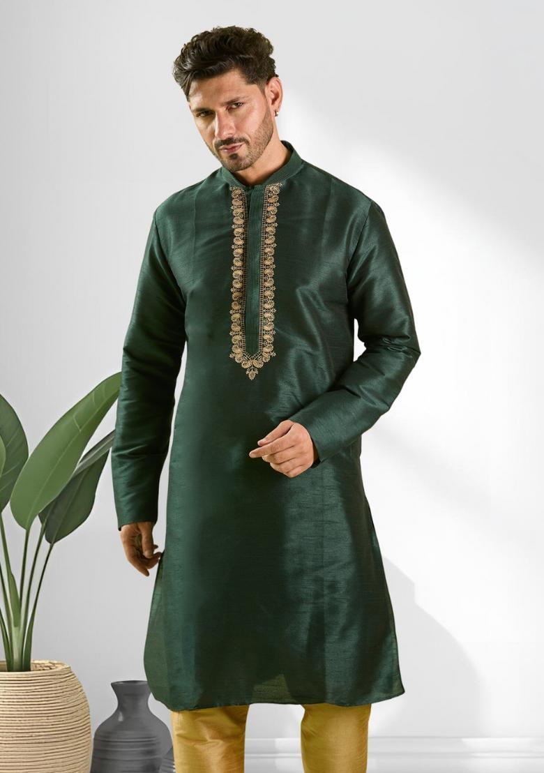 Green Solid Silk Kurta Set For Men - Indya