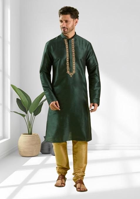 Green Solid Silk Blend Kurta Set For Men