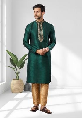 Green Solid Silk Kurta Set For Men