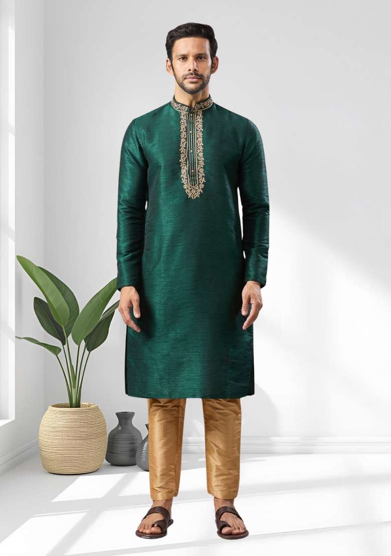 Green Solid Silk Blend Kurta Set For Men - Indya