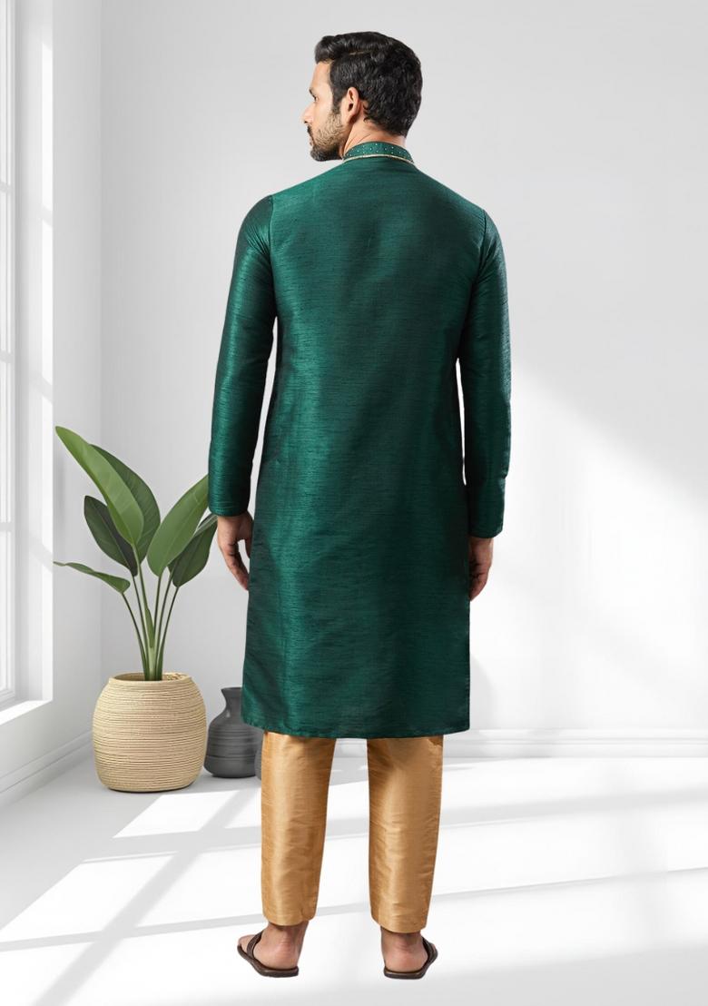 Green Solid Silk Kurta Set For Men - Indya