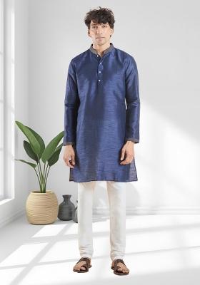 Navy Blue Solid Silk Kurta Set For Men