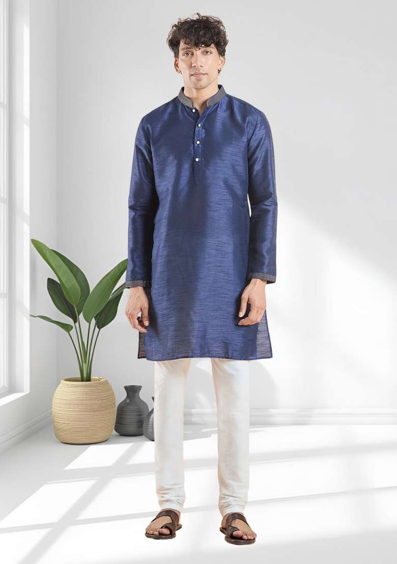 Navy Blue Solid Silk Blend Kurta Set For Men - Indya