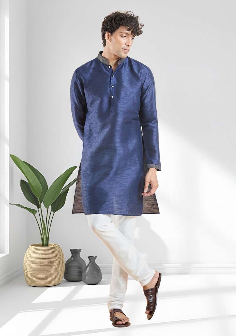 Navy Blue Solid Silk Blend Kurta Set For Men - Indya