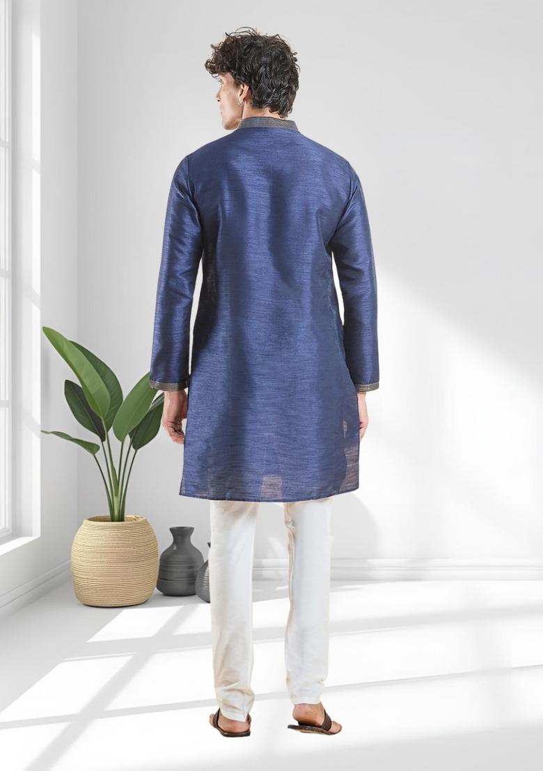 Navy Blue Solid Silk Kurta Set For Men - Indya