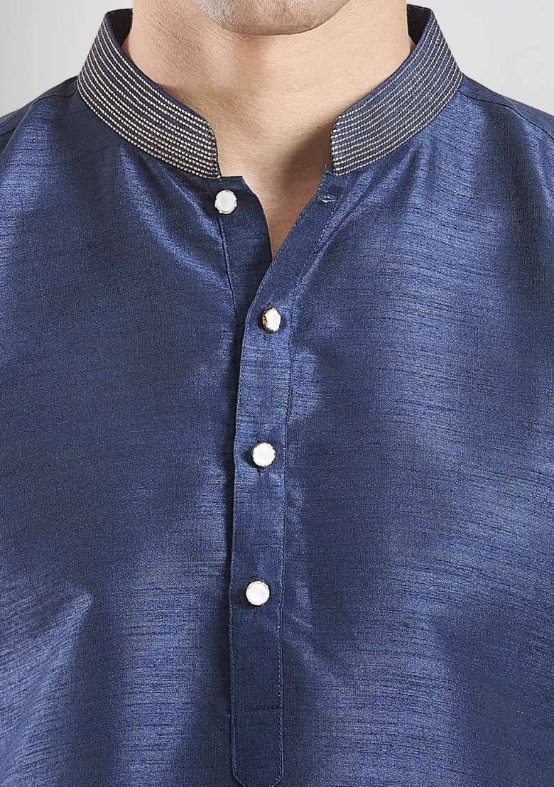 Navy Blue Solid Silk Blend Kurta Set For Men - Indya