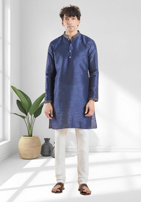 Navy Blue Solid Silk Blend Kurta Set For Men