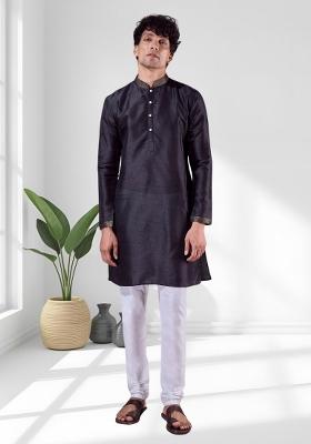 Black Solid Silk Kurta Set For Men