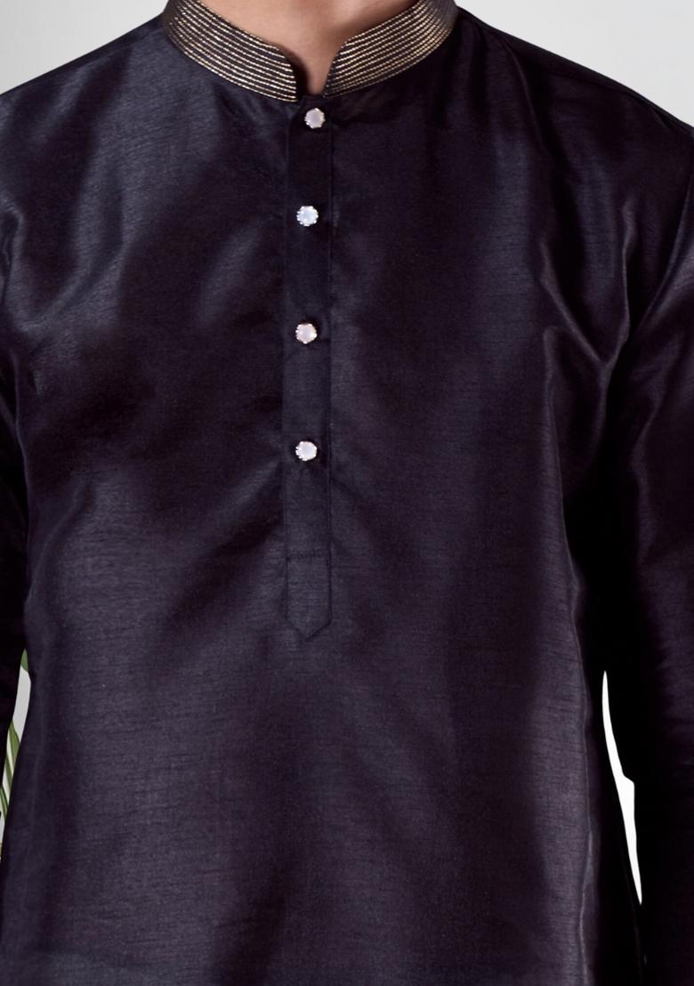 Black Solid Silk Kurta Set For Men - Indya