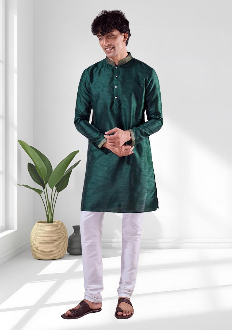 Green Solid Silk Kurta Set For Men - Indya