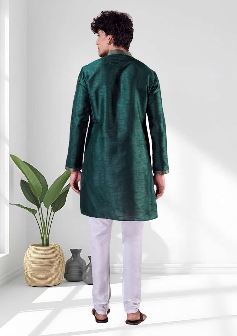 Green Solid Silk Blend Kurta Set For Men - Indya