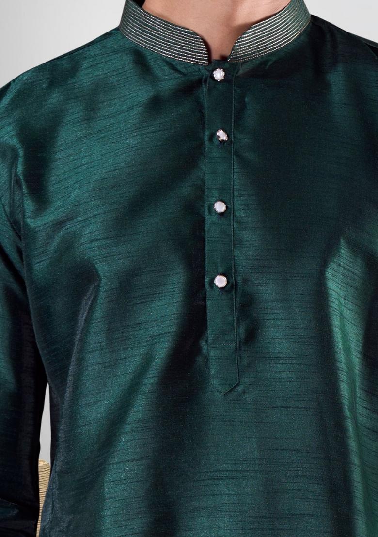 Green Solid Silk Kurta Set For Men - Indya