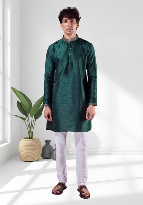 Green Solid Silk Blend Kurta Set For Men