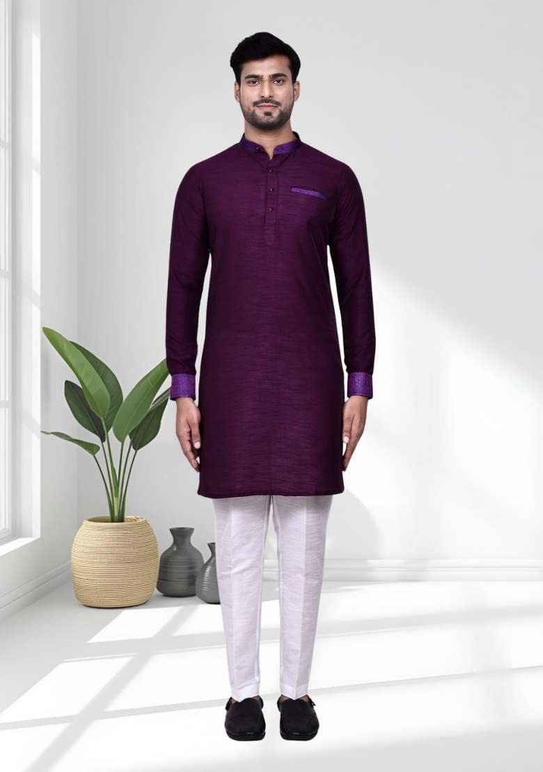 Purple Solid Silk Blend Kurta Set For Men - Indya