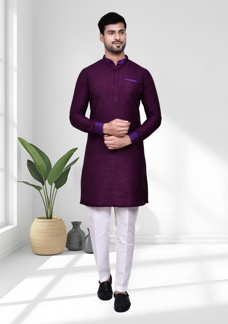 Purple Solid Silk Kurta Set For Men - Indya
